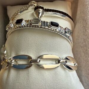 Women's Silver Link Bracelet Set with Black Gem Accents